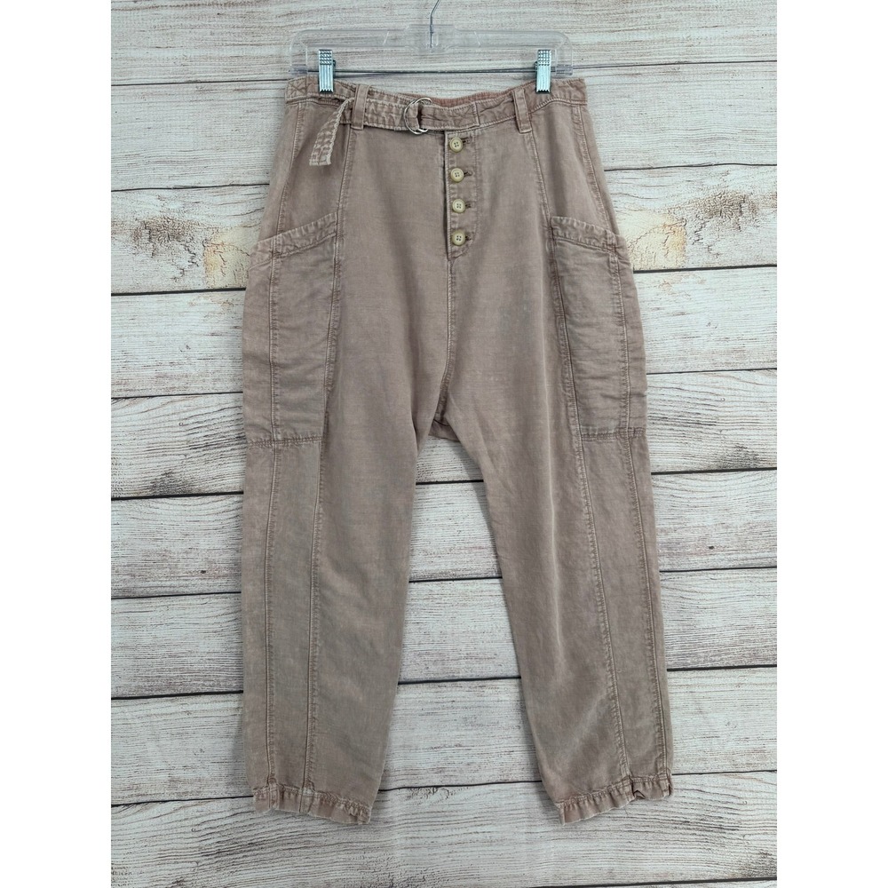 Free People Utility Jogger Pants Women 4 Rose Pink Linen Blend Belted Button Fly